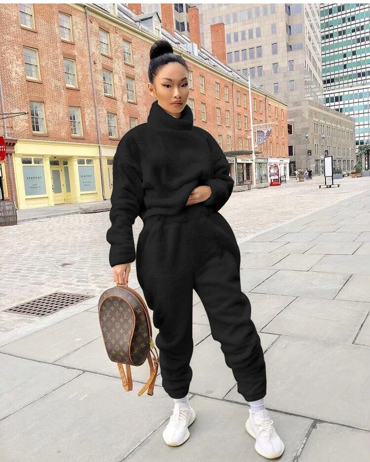 Winter 2021 women fashion stand collar velvet tracksuit coats jackets casual sweat suit fall clothing two piece pant set