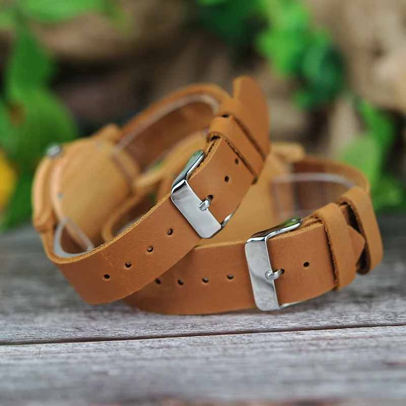 Chinese Factory Hot Sale Oem Hand Making Leather Band Men and Women Bamboo Couple Watch Lovers Pair wood Watches for Couples