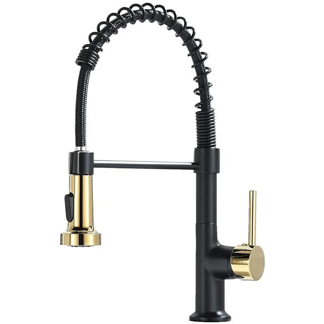 Matte Black Gold Commercial Single Handle Lever Spring Pull Out Spray Kitchen Faucet Hot and Cold Water Sink Tap