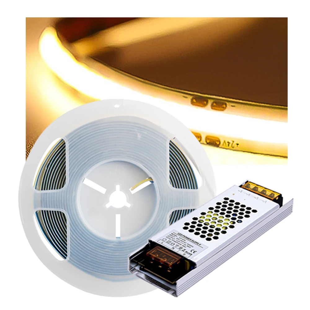 Wholesale 8mm 2700k 3000k 4000k 6500k DC12v 300 Leds 5m per Roll Flex LED COB Strip Light with Power