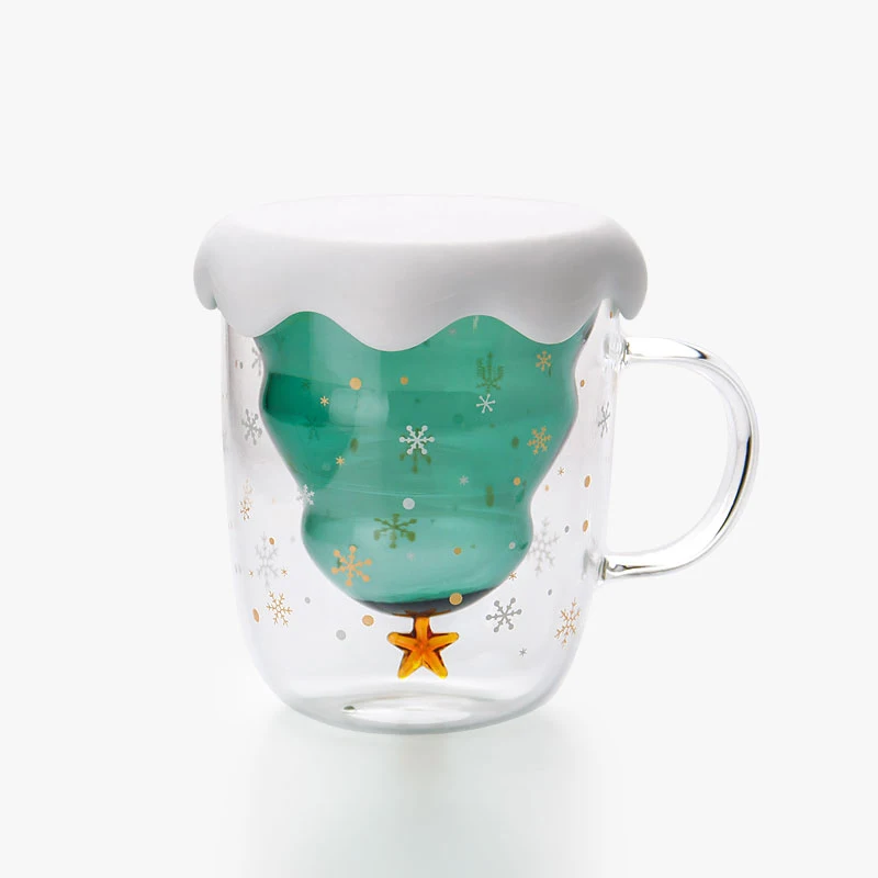 Online shop hot sales New Design Double Wall christmas tree glass cup with handle