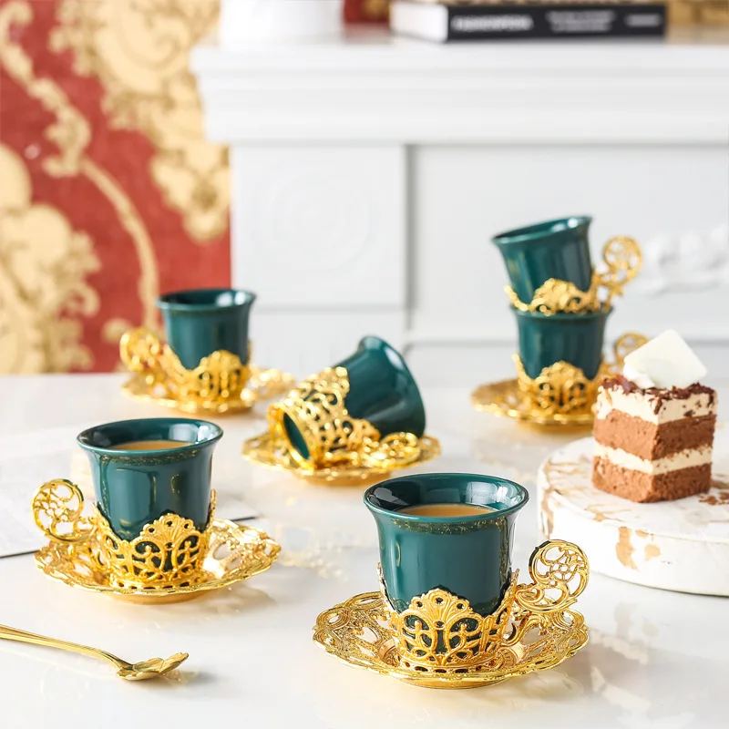 Ethiopian Coffee Cup Set Espresso Cups Mug with Gold Handgrip Handmade Saucers Turkish Ceramic Coffee Cups Teaware