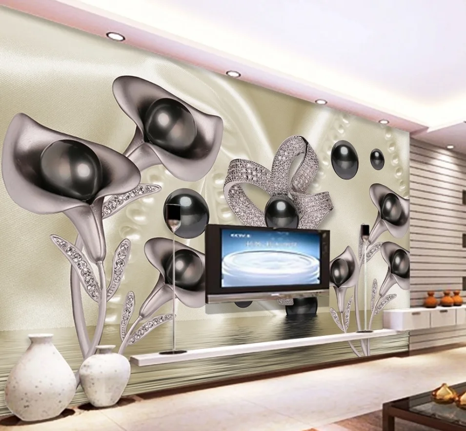 ZHIHAI 3D water wave reflection TV background wall of Calla and butterfly wallpaper flower rock and roll printed fabric