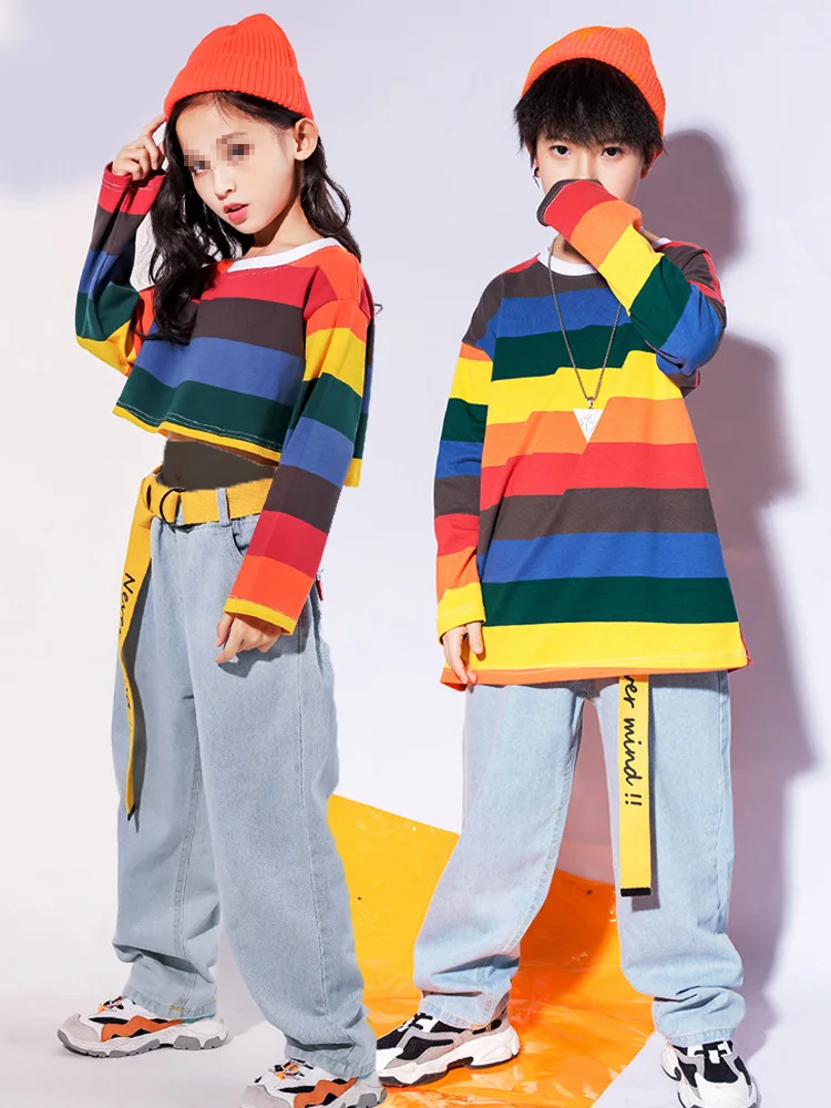 High Quality Kids Hip-Hop Performance Suit Boys and Girls Jazz Dance Runway Show Costume with Loose Rainbow Stripe Wholesale