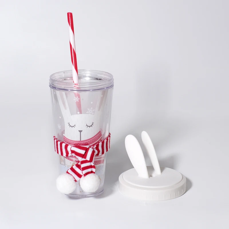 
Girlwill Rabbit Christmas Mugs Kids Cute Tumbler Cups Gift Scarf decoration Plastic Cups With Lids And Straw BPA Free Custom log 