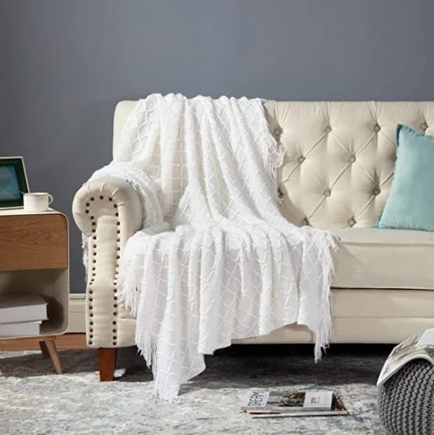 Diamond Pattern Sofa Blanket Bed Throw Blanket Solid Color Knitted Tassel Nap Blanket
