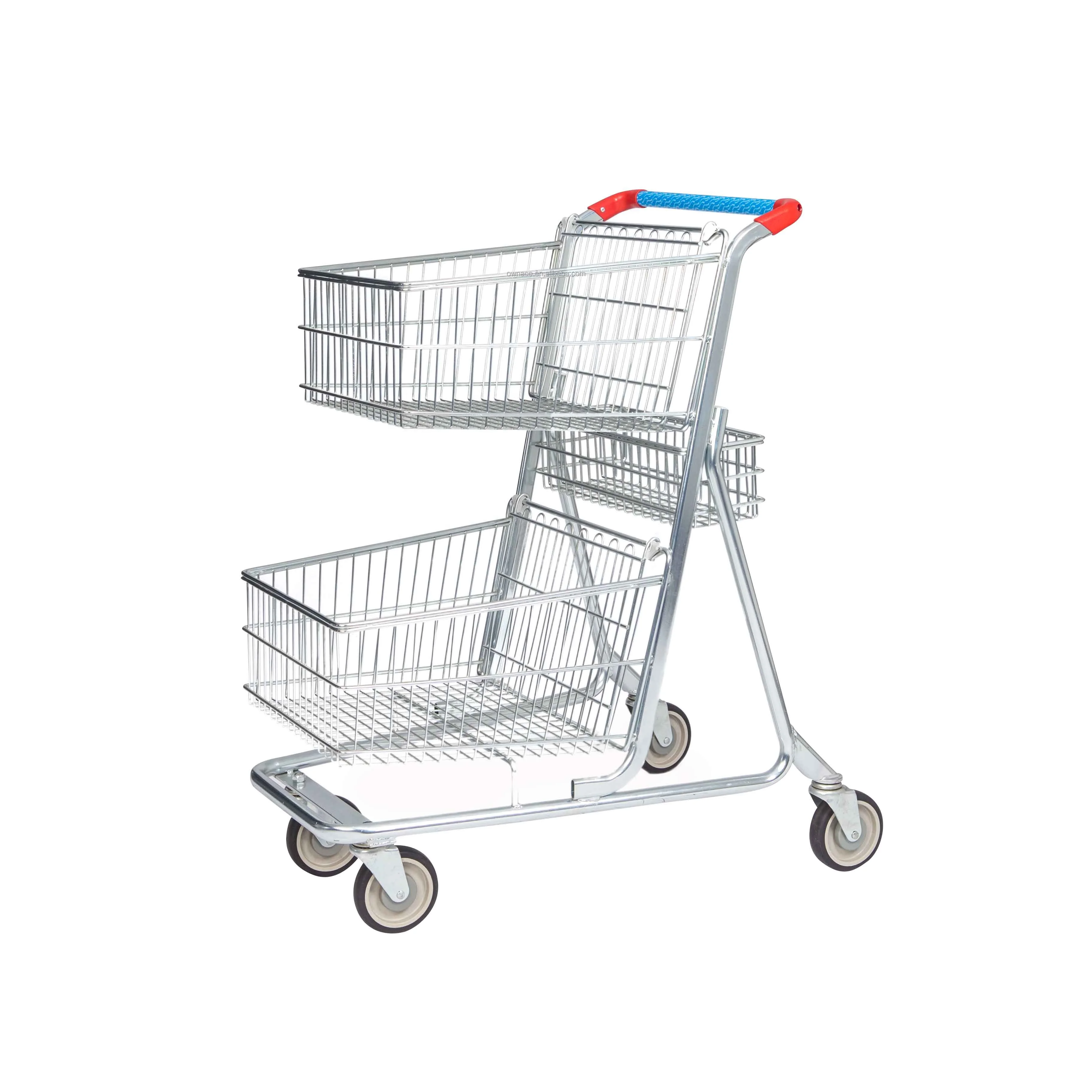 Ownace Unfolding Double Basket 2-Tier Supermarket Shopping Cart Trolley shopping Trolleys & Carts Supermarket Trolley For Sale