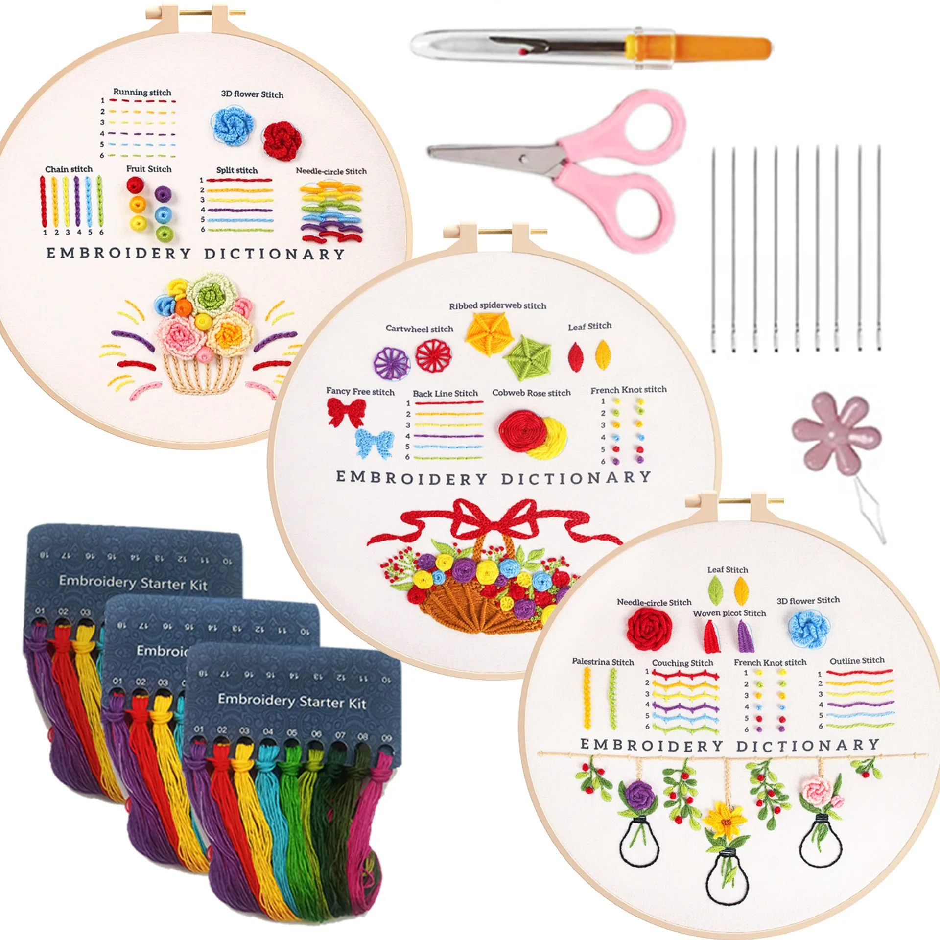 3 Sets Embroidery Stitches Practice Kit Hand Embroidery Kit for Adults Kids Beginners