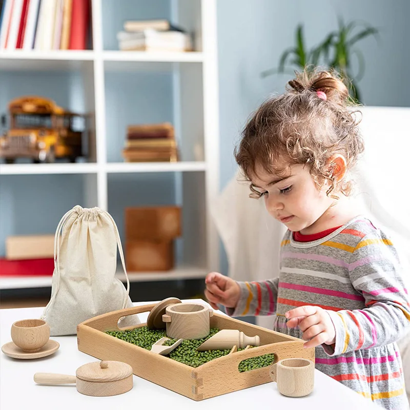 Toddler Montessori Waldorf Toys 9 Pieces Wooden Dish and Scoops Tongs Transfer Work Fine Motor Learning Sensory Bin Tools