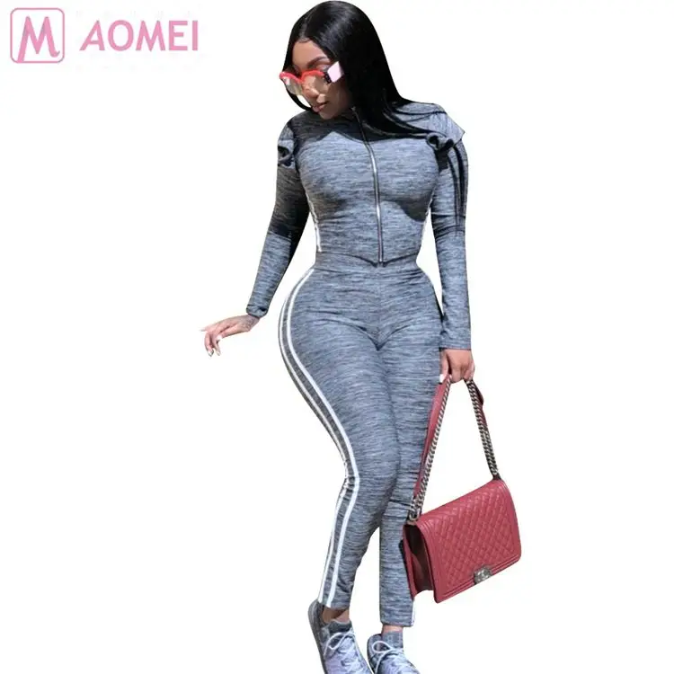 
M6023 wholesale new side stripe zipper front leisure tracksuit Pant 2 Piece Set Women Clothing 
