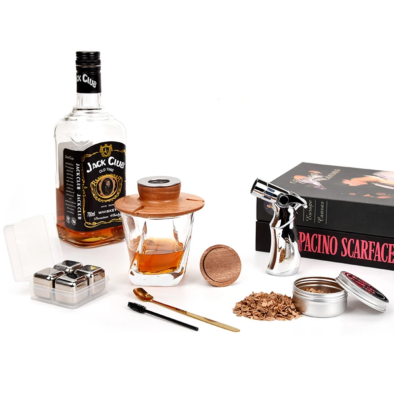 WEIBU 2023 Luxury Whiskey Smoker Kit Cocktail Smoke Kit with Torch Whiskey Glass Ice Cubes Different Wood Chips