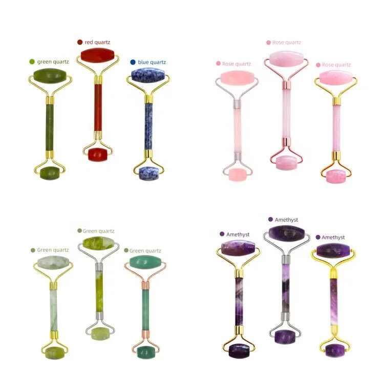 Wholesale high quality jade rolling roller kit massager vibrating natural rose quartz face roller facial jade roller for face