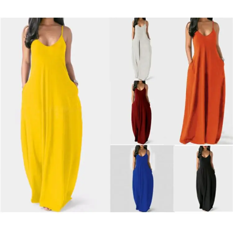Hot sell fashionable Casual Maxi  V Neck Suspender Strap Loose Pockets Ladies Solid Color sleeveless Long Dress