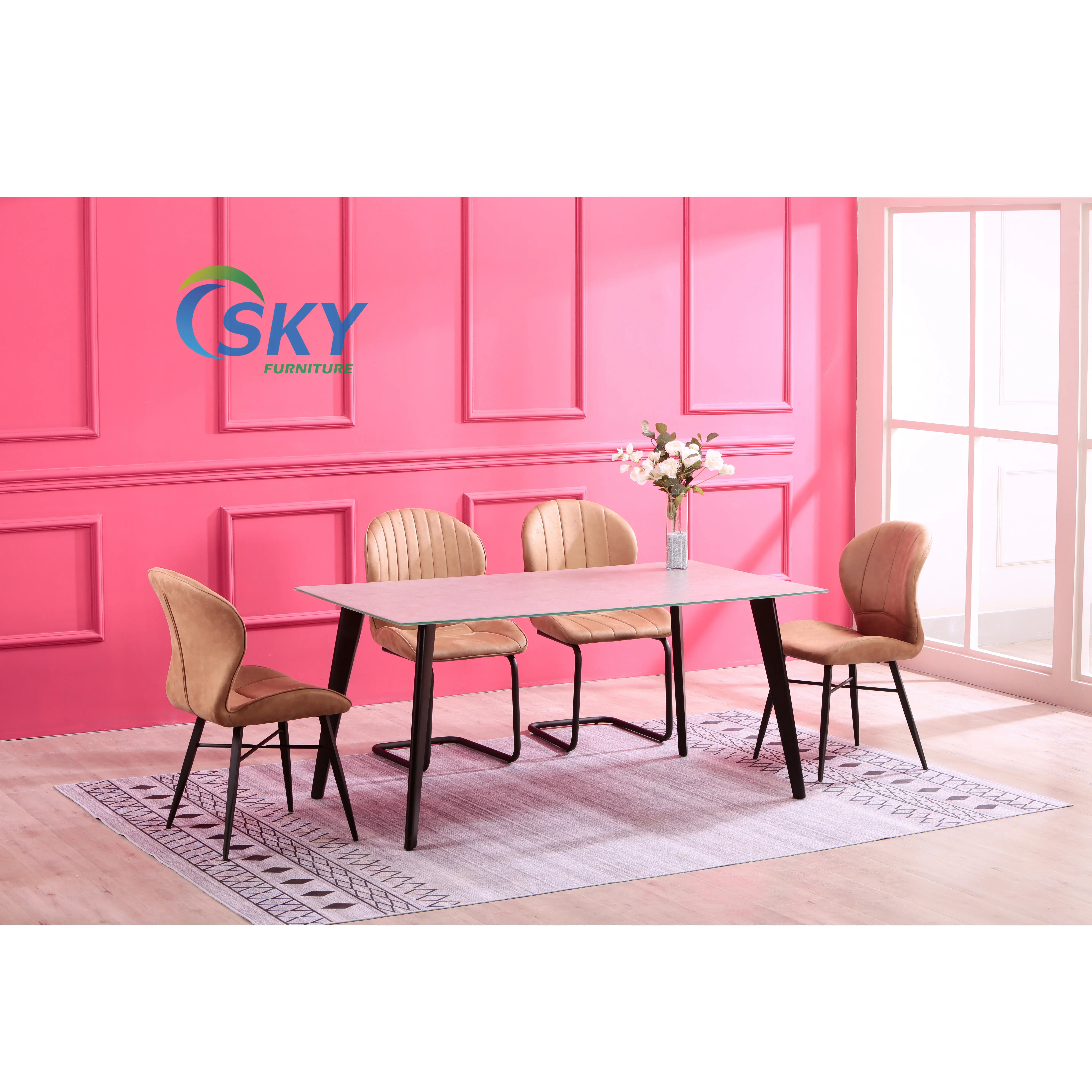 SKY Modern cheap price  tempered glass table top dining table set with print fabric dining chair for restaurant