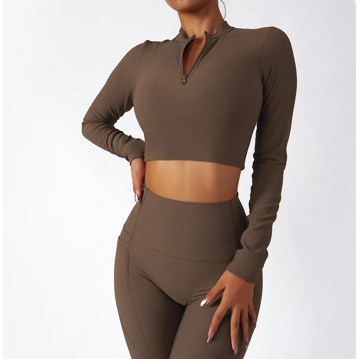 YHT NEW Zip Long Sleeve Yoga Set For Women Training Fitness Wear Tight Running Sports Workout Suit