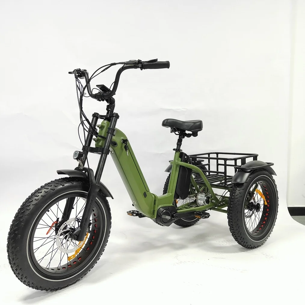 New model trike 20inch cargo electric tricycle mid drive with rear cargo basket hidden battery mountain etrike three wheel bike