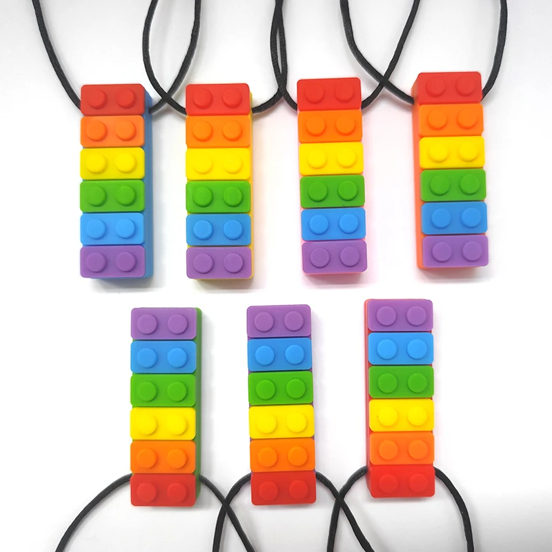 Hot Sales Unisex Food-Grade Silicone Baby Rainbow Block Teether Toy Eco-Friendly Soft BPA-Free Baby Chewing Device with String