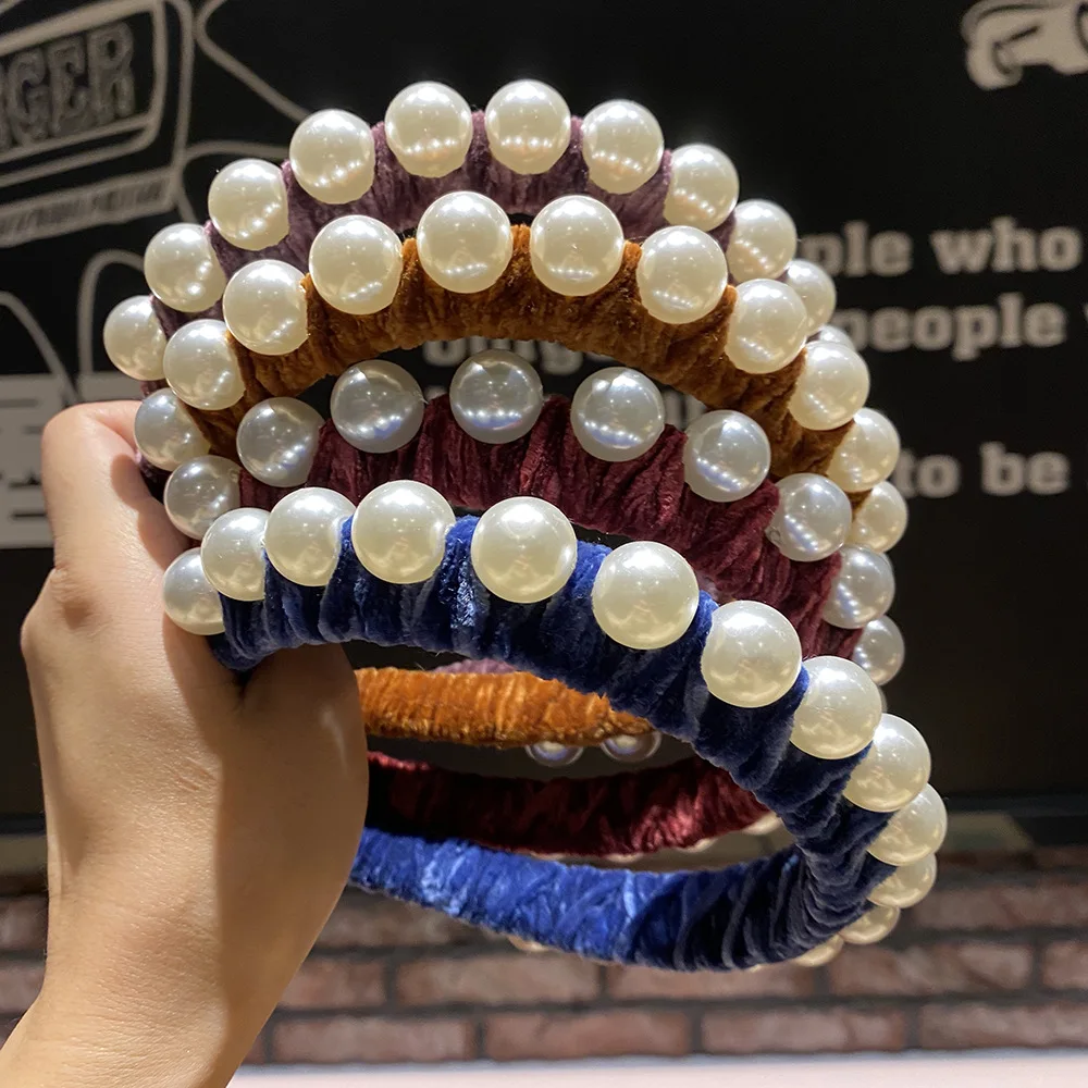 2022 Korean version of aristocratic temperament retro pearl headband handmade gold velvet winding headband hair accessories