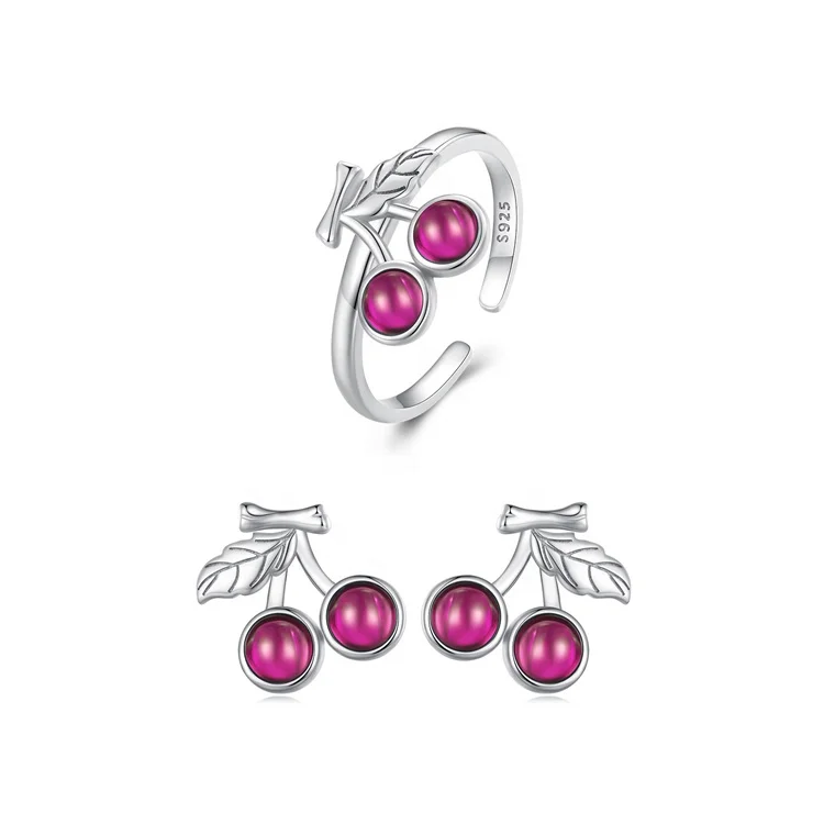 Hot sales new cherry fine crystal girls jewelry set kids luxury zircon high quality 925 silver wholesale cute ruby jewelry sets