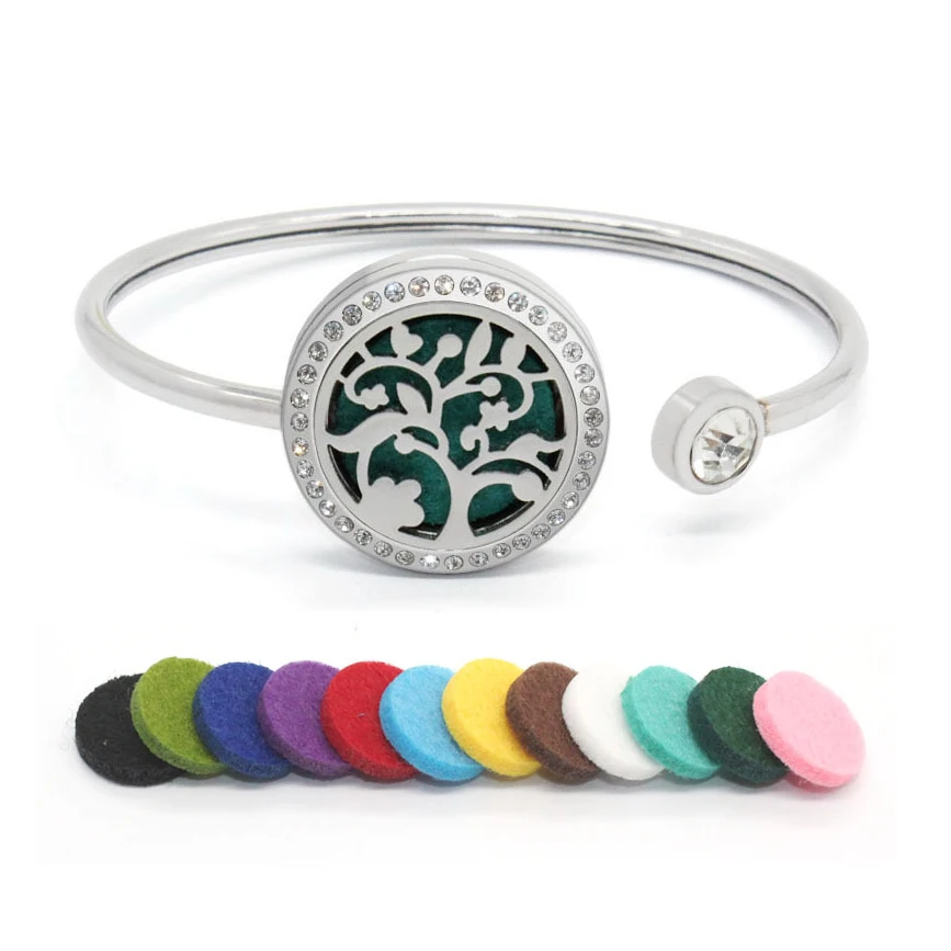 Zircon Tree Of Life Locket Pendant Bracelet Stainless Steel Jewelry Bangle Aroma Essential Oil Diffuser For