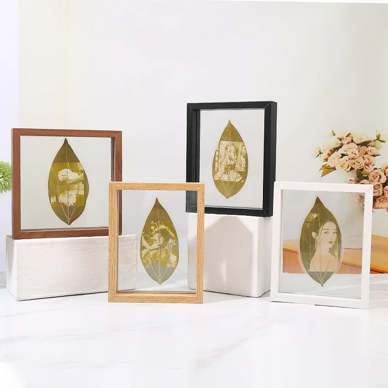 2024 new Wholesale Double-sided Glass Creative Leaf Carving Display Stand with Hollow Wooden Frame for Plant Leaf Specimen