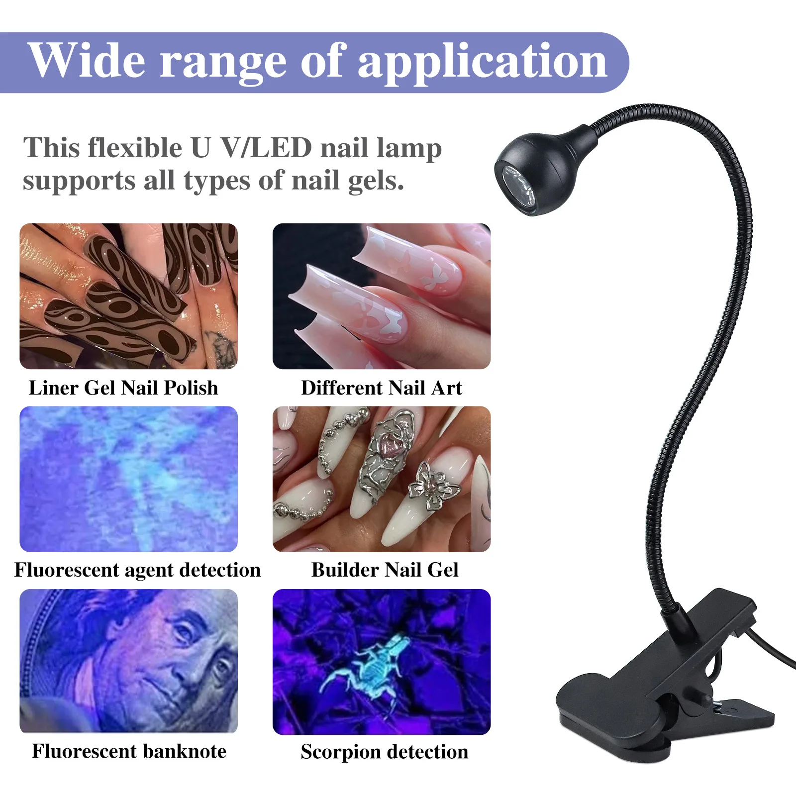 Misscheering 5W Mini Nail UV Adhesive Curing Lamp Purple Light with Clip and Switch USB Lamp Multi purpose One Lamp