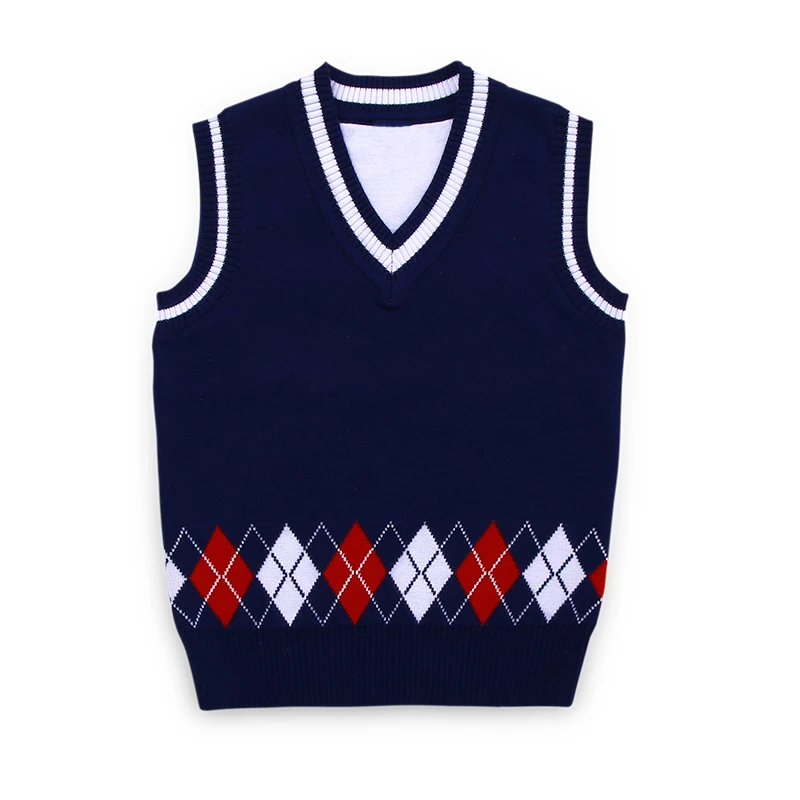 
ODM OEM Customized Kids School Uniform Knit Sleeveless V Neck Vintage Argyle Sweater Vest From China Factory 