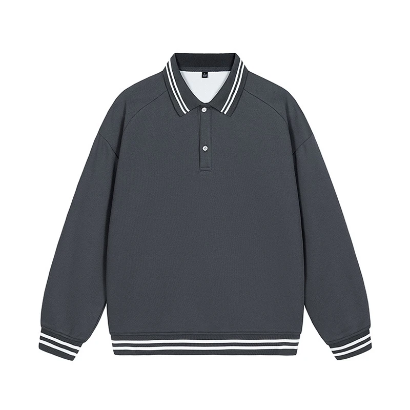 Spring and Autumn New Simple Solid Color  Striped Long Sleeve POLO Shirt Thread Lapel Sweater