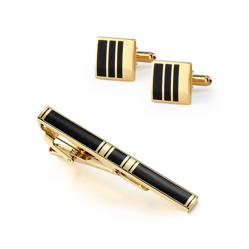 Daili Wholesale Gold Plated Black Enamel Tie Clip and Cufflinks Set Brass Tie Bar & Cuff Links for Men Suit Shirt