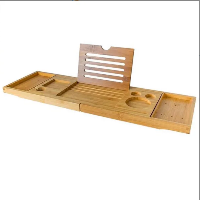 Expandable premium 100% natural bamboo wooden caddy tray bathtub rack bath tub organizer with extending sides