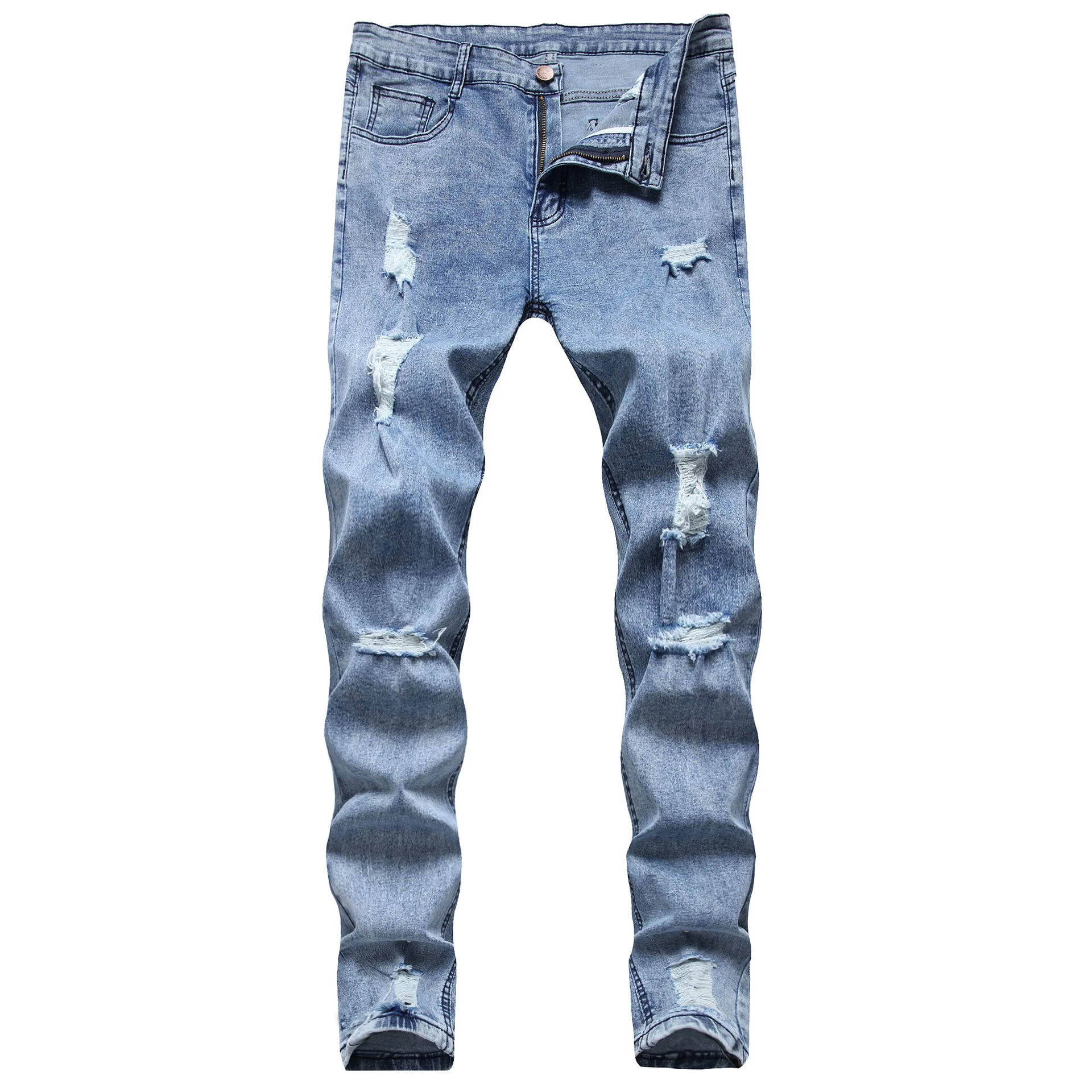 Ripped Men Jeans Blue Stretch Slim Fit Destroyed Broken Holes Denim Pants Casual Biker Jeans Male Hip hop Mens Punk Jeans