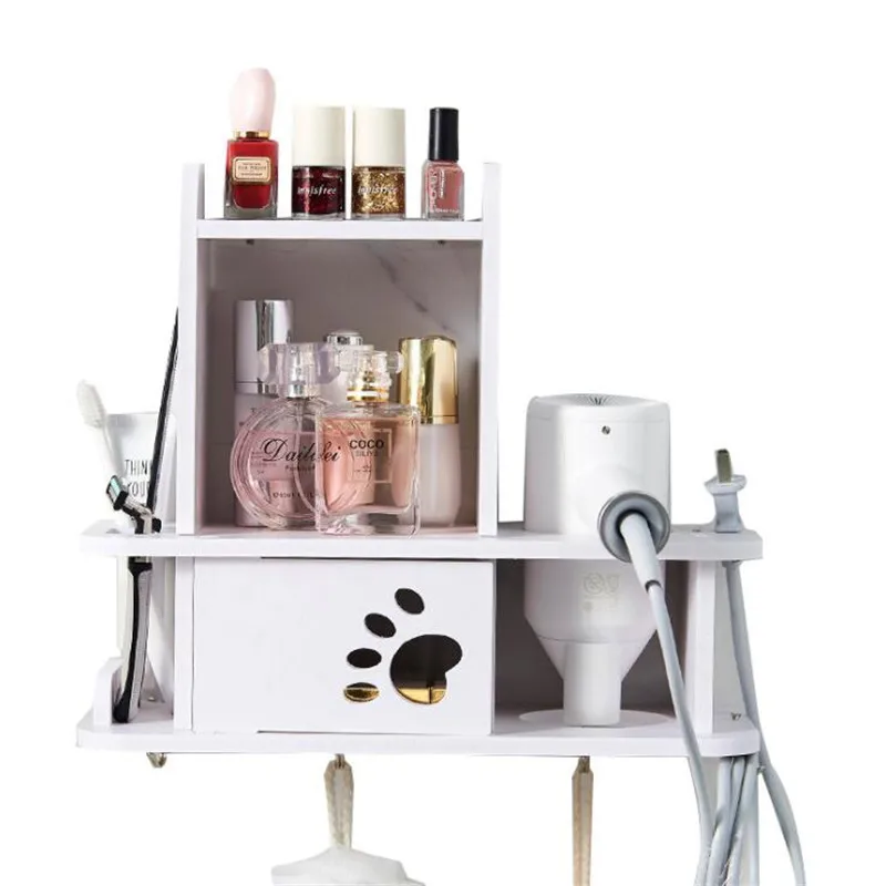 Design Hair Dryer Holder Cosmetic Tooth Brush Organizer Supplies Accessories Tray Wall Mounted Bathroom Storage Cabinet