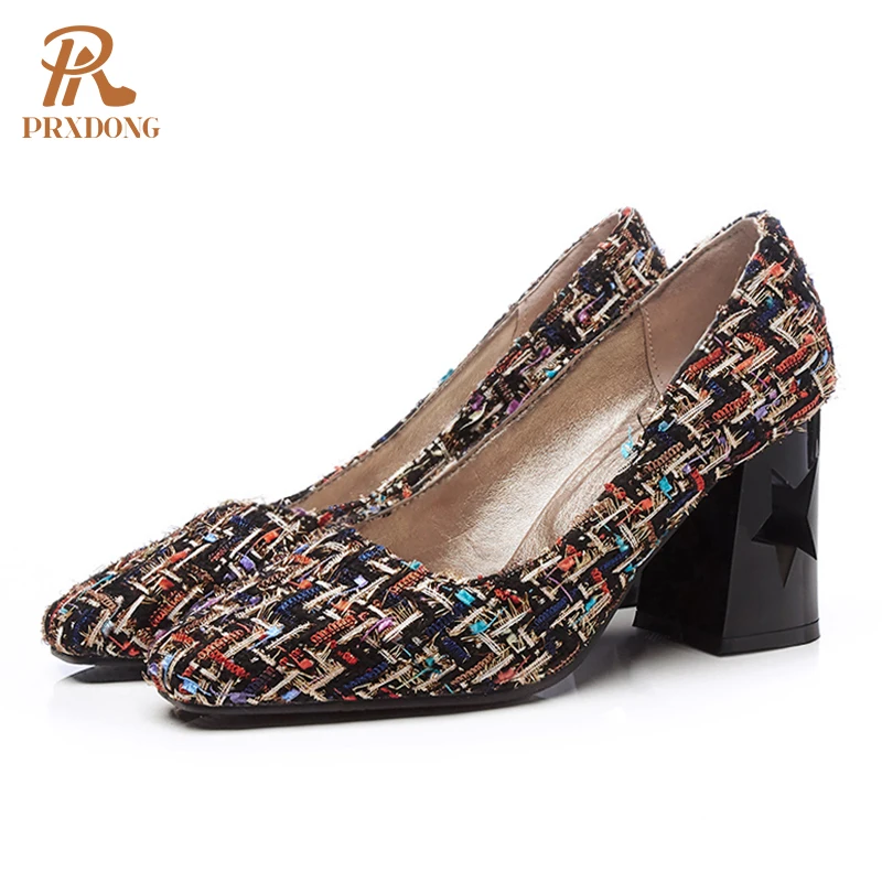 Тканевые женские туфли-лодочки с квадратным носком на толстом высоком каблуке, модные женские туфли-лодочки в клетку на платформе, вечерние Клубные классические туфли, большие размеры