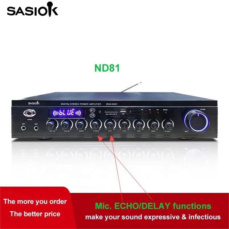 ND81 400W PMPO 2.0ch Mic. echo/delay digital stereo karaoke amplifier with BT/USB/SD/MMC/AUX/FM radio/LED display functions.