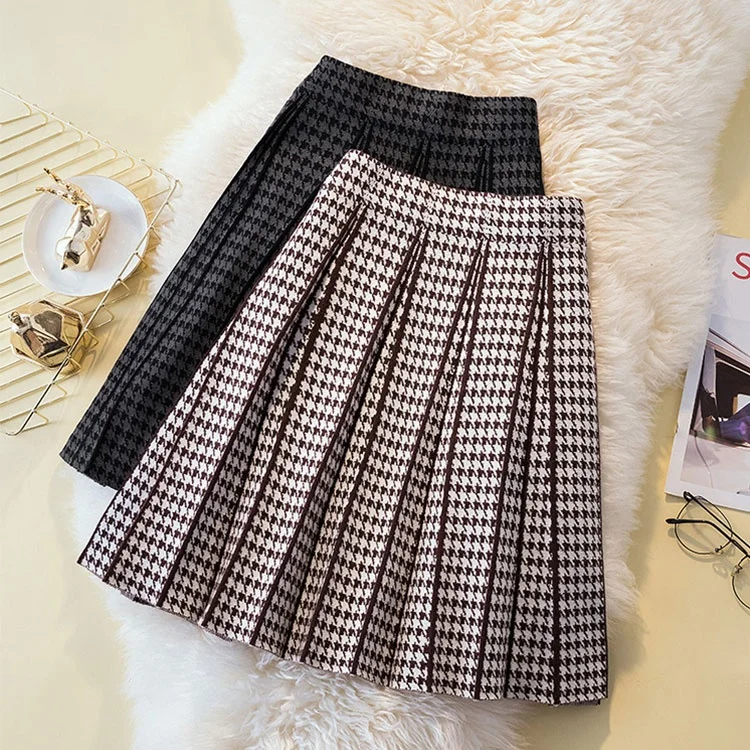 Knitwear manufacturers custom thousand bird grid pattern high waist slim oversize korean fashion knitted pleated mini skirt set
