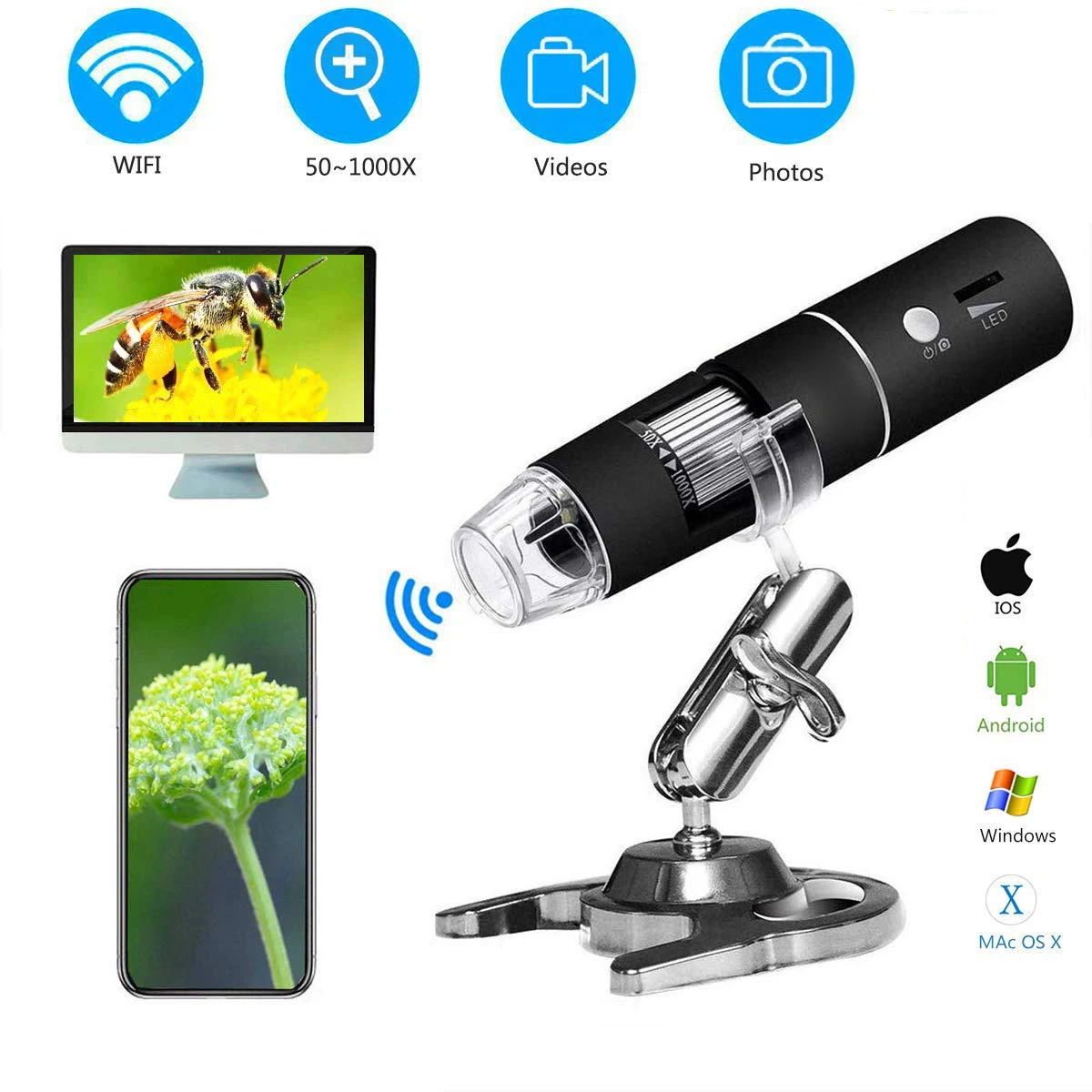 1080P HD 2MP 1000X Magnification 8 LED USB 2.0 Metal Stand Wifi Digital Microscope