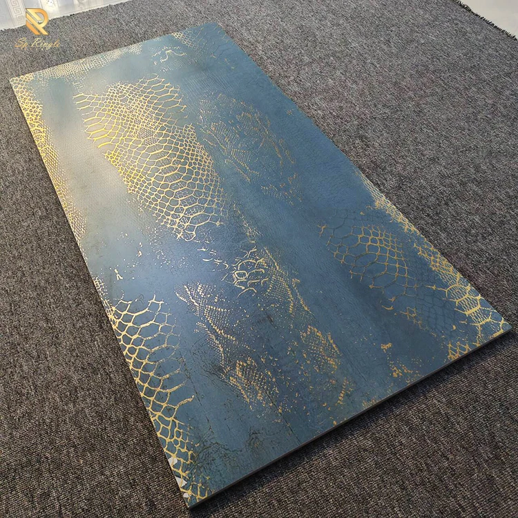 Springletile blue design matte floor tile shiny glod dragon texture sintered stone interior luxury hotel decorative wall tiles