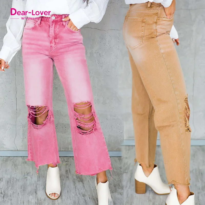 Dear-Lover Distressed Hollow-Out High Waist Cropped Denim Flare Jeans Women