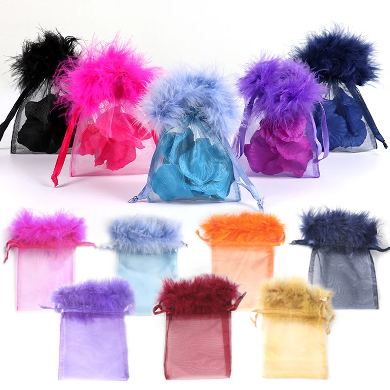 Custom Organza Bag 7x9 Wholesale Feather Organza Drawstring Pouches Gift Bags Jewelry Pouch Storage Fur Organza Bags