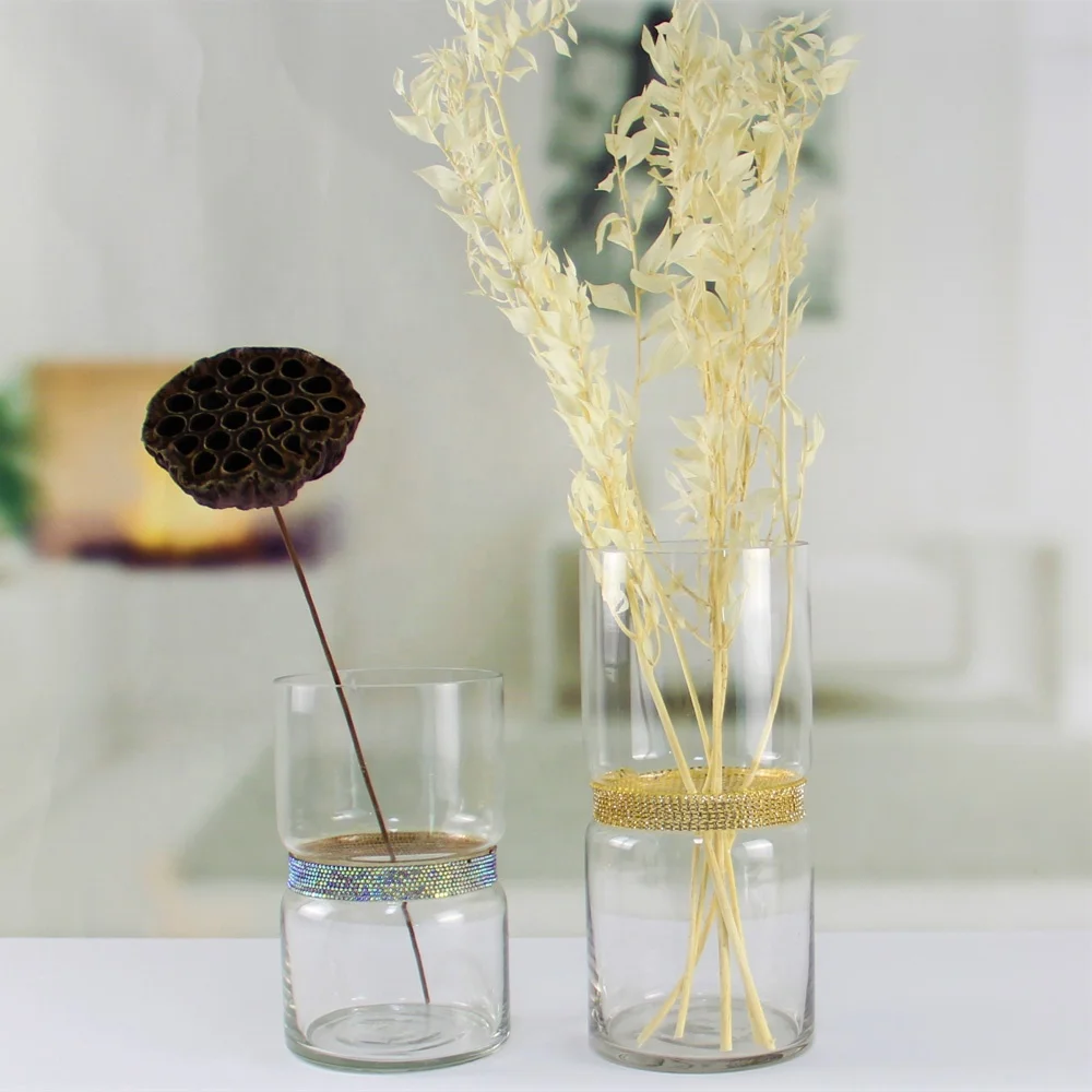 Wholesale transparent tall cylinder flower glass crystal vase with gold or silver diamond belt in the middle