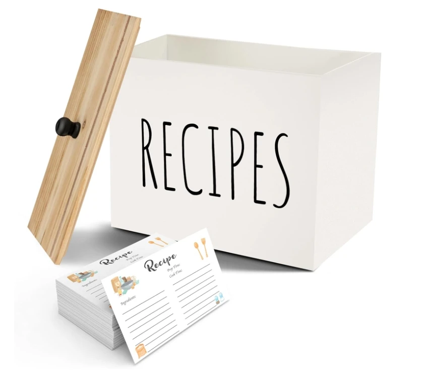 Wooden Recipe Box Recipes Cards Holder For Counter  Decorative Organizer With 6x4 Cards And Dividers, Rustic Wood