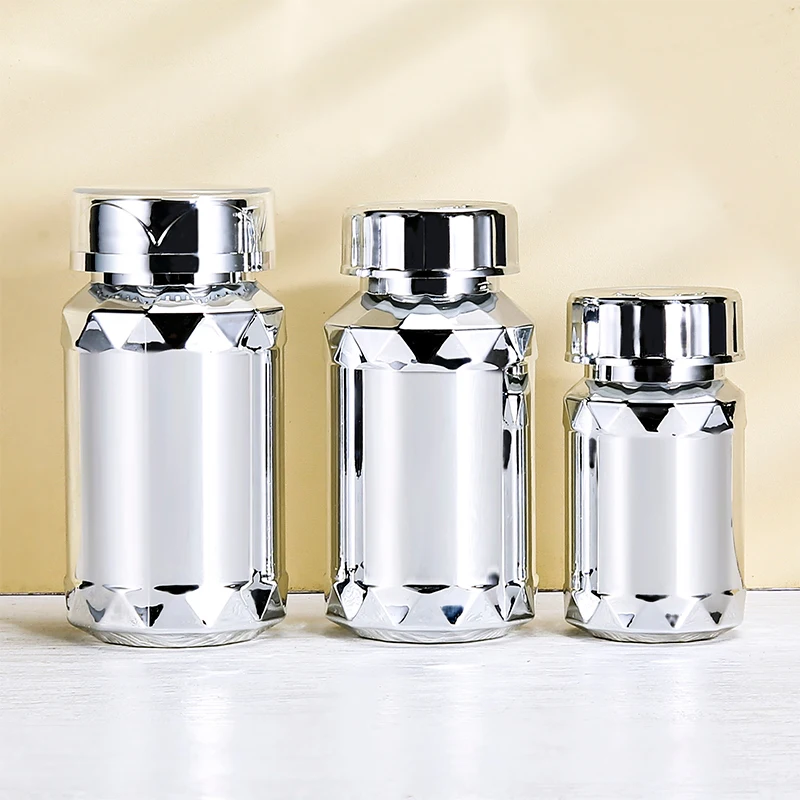Electroplating process silver high-end plastic bottle for pills medicine vitamin packaging manufacturing empty with silver cap
