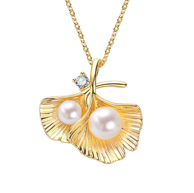 Semicircular leaf Gold Pendant Necklace Jewelry freshwater pearl jewelry
