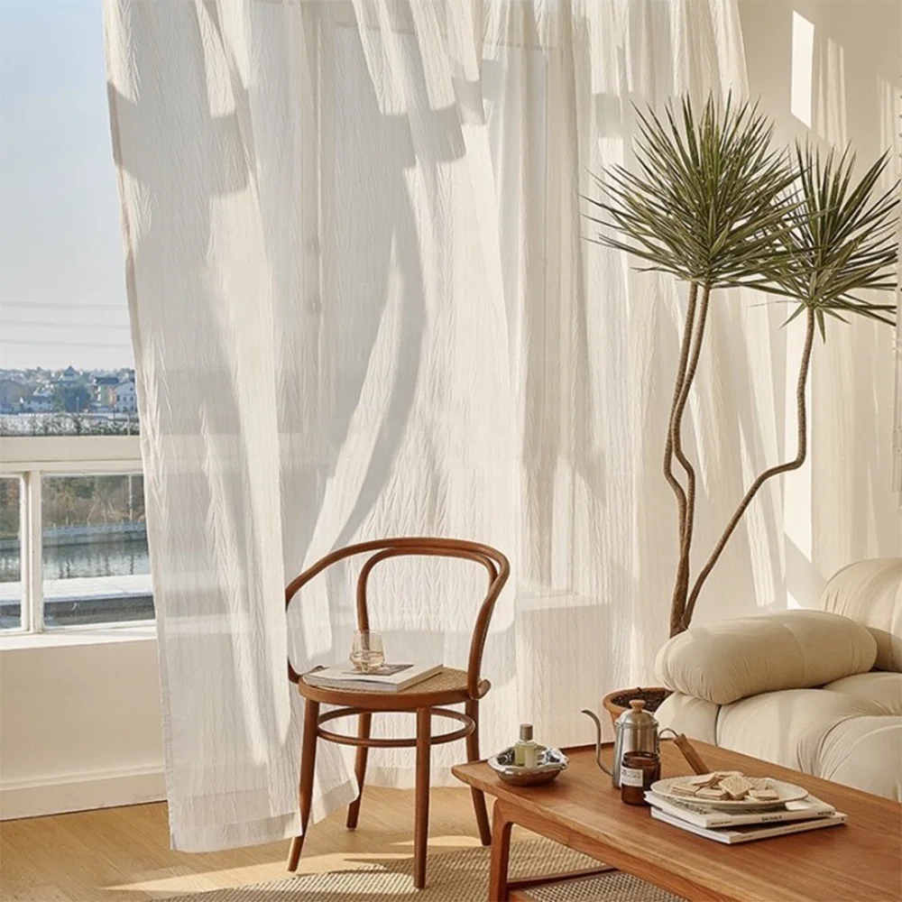 2024 New Beige Color Wrinkle Texture Transparent Pleated Gauze Sheer Curtain for The Living Room Window