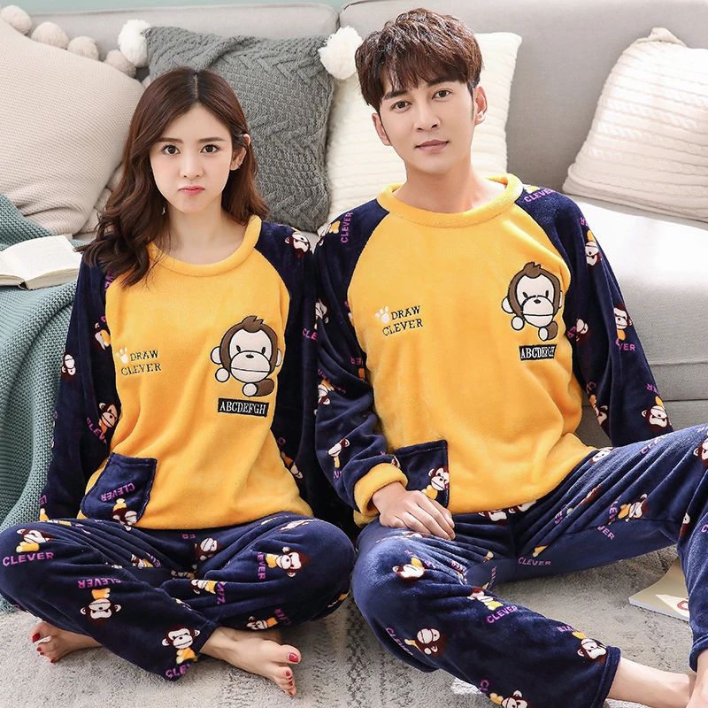 Factory Direct Winter Christmas Sleepwear Lover Sales New Design Long Sleeve Flannel Pajamas Couple Warm