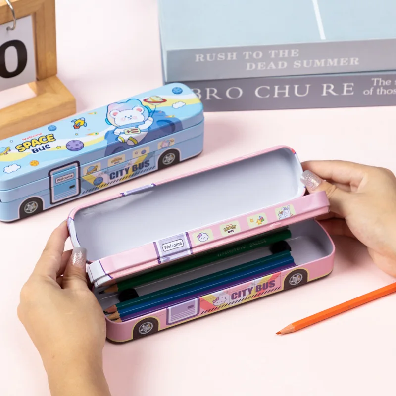 YAHOU Creative Cute Wheeled Bus design Stationery Box Cartoon 2 layers metal tin Multifunctional pencil case for kids school