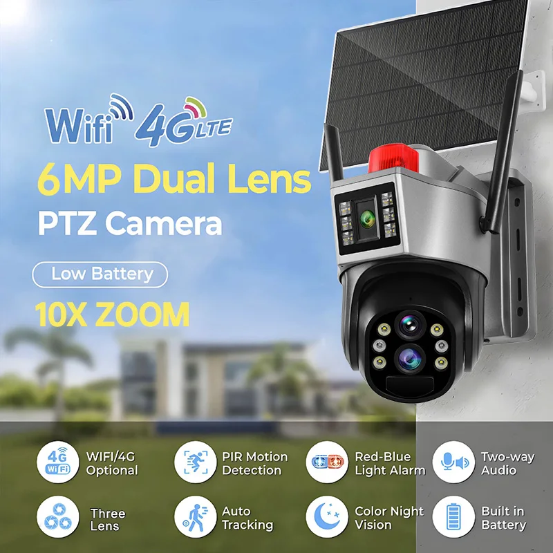Wistino 6MP Three Screen 10x Zoom 4G Wifi Dual Panel Outside Camera AI Humanoid Detection Color Night Vision Solar Cctv Camera