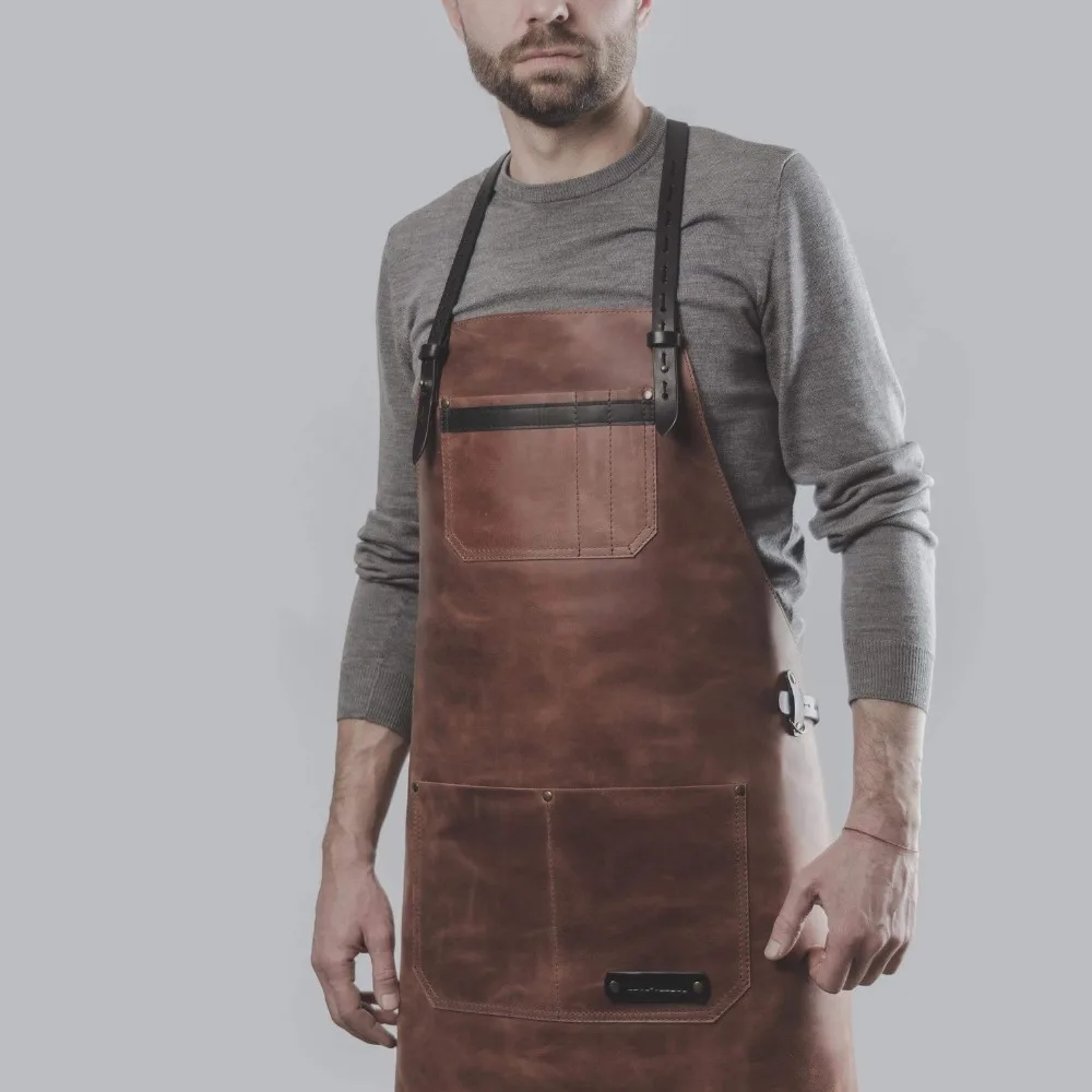 Top selling and high Quality Vintage Leather Cooking Apron Brown Cognac Leather BBQ Apron for Men & Women