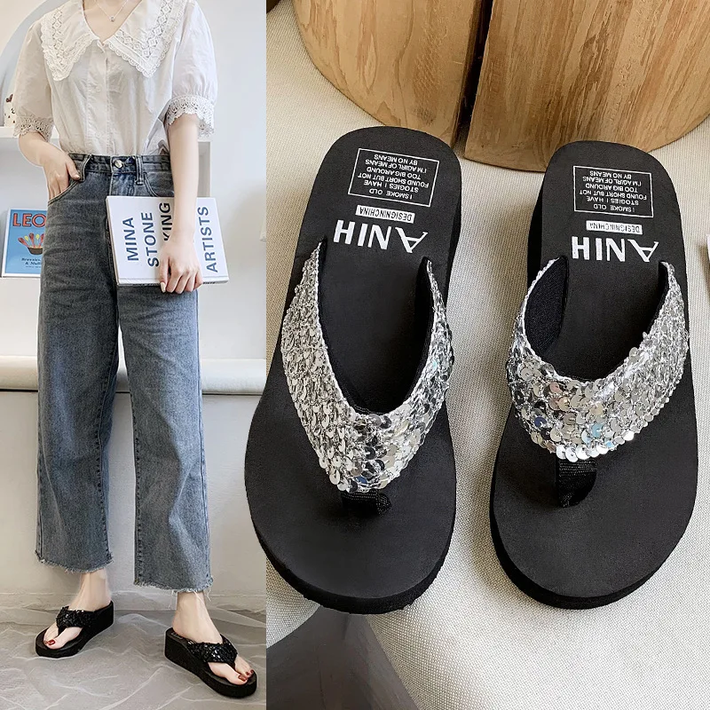 Shiny Sequin High Slope Heel Ladies Flip-flops Outdoor Beach Anti-slip Summer Flip Flops Sandals Slippers Thong Shoes For Women