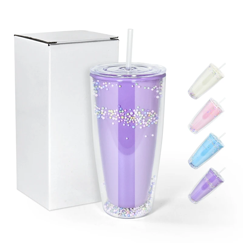 AGH New Arrival 24oz Double Wall Plastic Tumbler Acrylic Plastic Cup Colored Ball Filling Cup with Straw and Lid